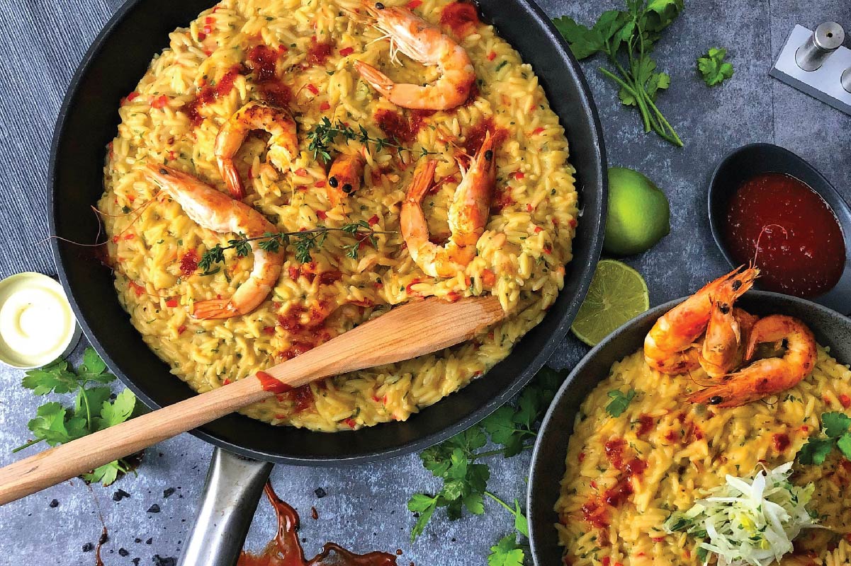 pan with orzo and shrimps