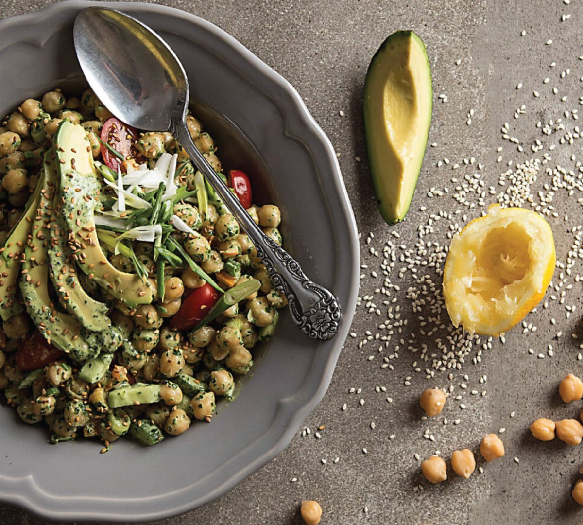 PHOTO WITH chickpea salad with green tahini sauce and avocado